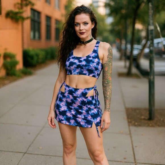 One By One Purple Tie Dye Crop Top & Cutout Mini Skirt Set – Size M NWT - Picture 2 of 2